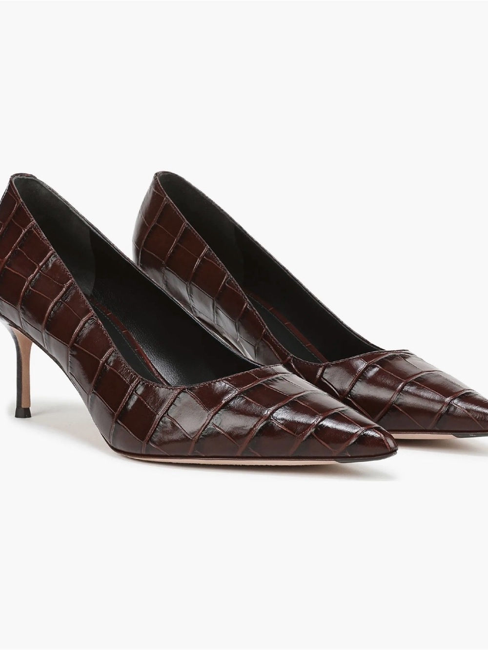 Veronica Beard Rita Croc-Embossed Pointed Kitten Heel Pump - Dark Brown